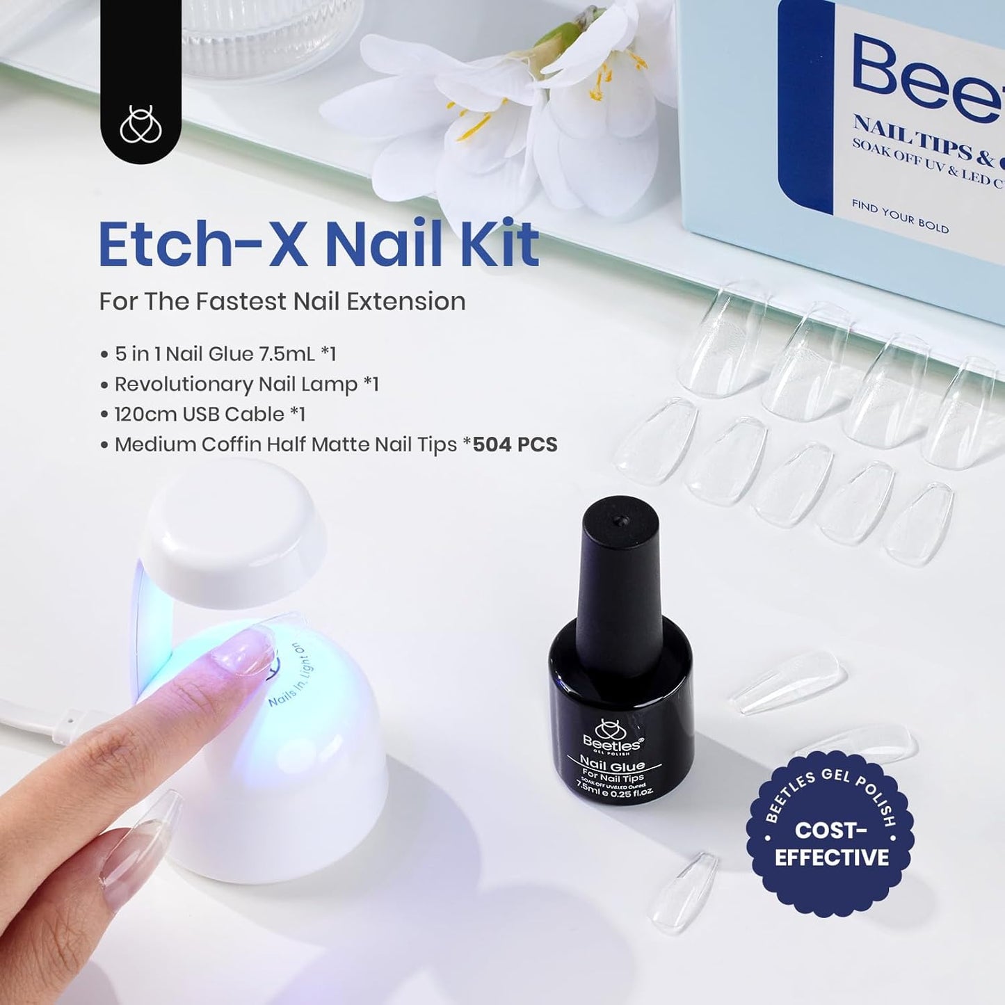 Beetles Gel Nail Kit Easy Nail Extension Set With Etch X Nail Tips 504Pcs Half Matte Medium Coffin Shaped Tips 5 in 1 Nail Glue Base Gel and Innovative Led Lamp Diy Art at Home Nail Kit-Velvo Beauty
