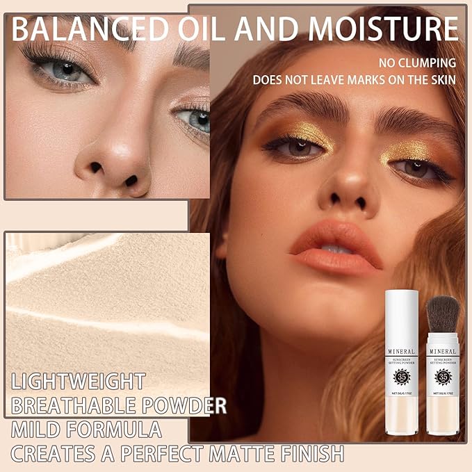 Mineral Sunscreen Setting Powder, SPF 35 Translucent Loose Powder, Mineral Brush Powder, Oil Control Natural Matte Finish, Lasting Lightweight Breathable for All Skin (#02 Fair)-Velvo Beauty