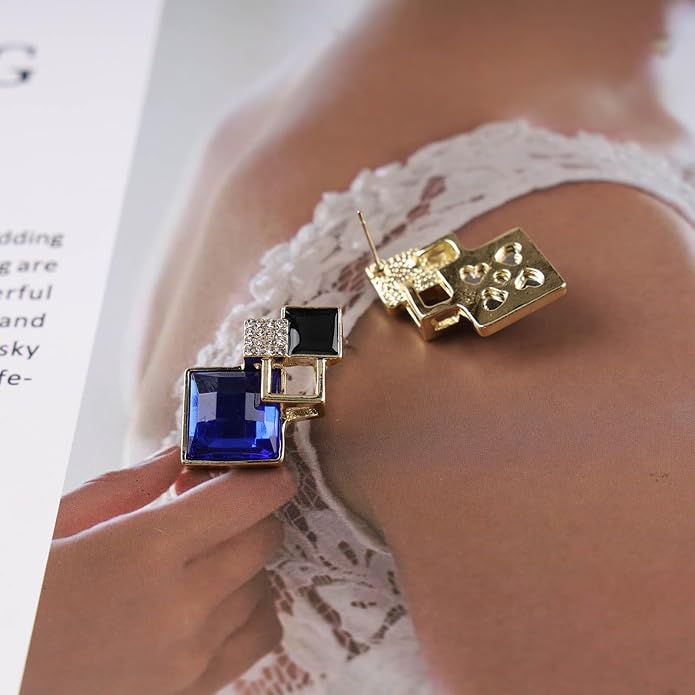 Vintage Crystal Square Drop Earrings Black Square Stud Earrings Gold Hollow Square Dangle Earrings Black Onyx Square Earrings Jewelry for Women-Velvo Beauty