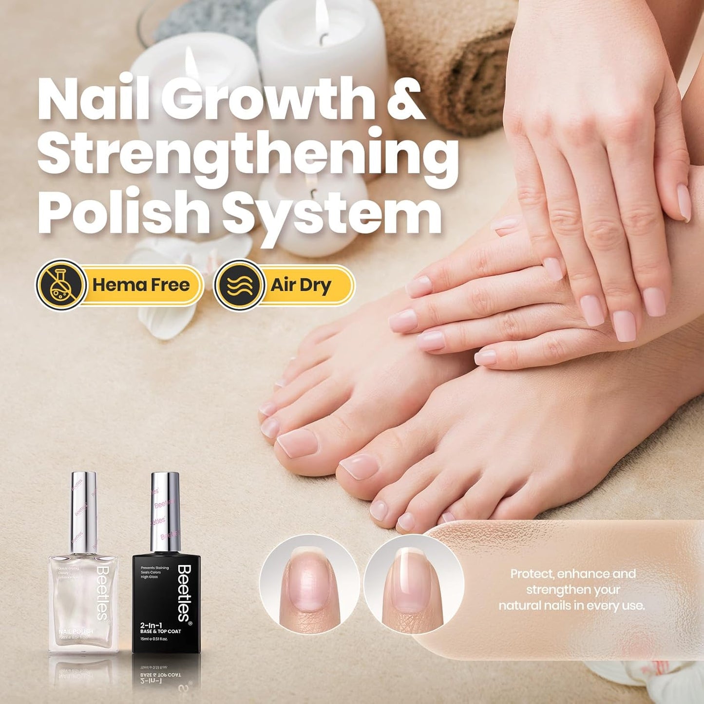 Beetles Pearl White Nail Polish and 2 in 1 Base & Top Coat Set, Fast Drying & Natural Nail Strengthen, Nail Lacquer Shimmer-Like Pearlescent Sheen, No UV Lamp Needed for DIY Nail Art Gifts for Women-Velvo Beauty