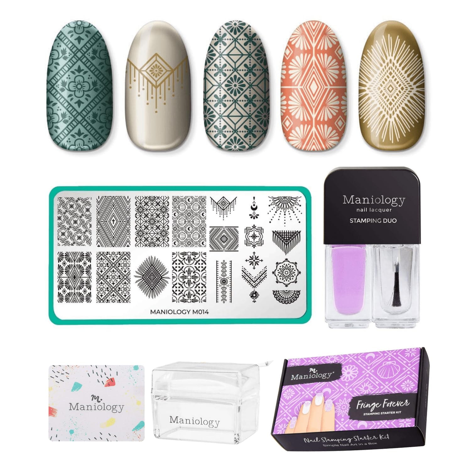 Maniology Nail Stamping Starter Kit (Plate, Polish, Top Coat, Stamper and Scraper Card) (Fringe Forever)-Velvo Beauty
