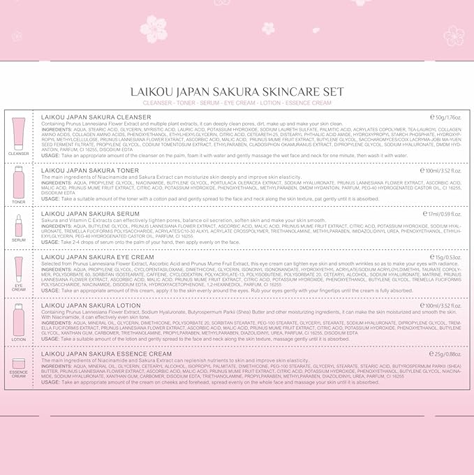 Skin Care Set JAPAN SAKURA Women Beauty Gift Sets Skin Care Kit with Cleanser, Toner, Lotion, Serum, Eye Cream, Face Cream Travel Kit for Women Teen Girls Mom Daughter TSA-friendly Sizes 6pcs-Velvo Beauty