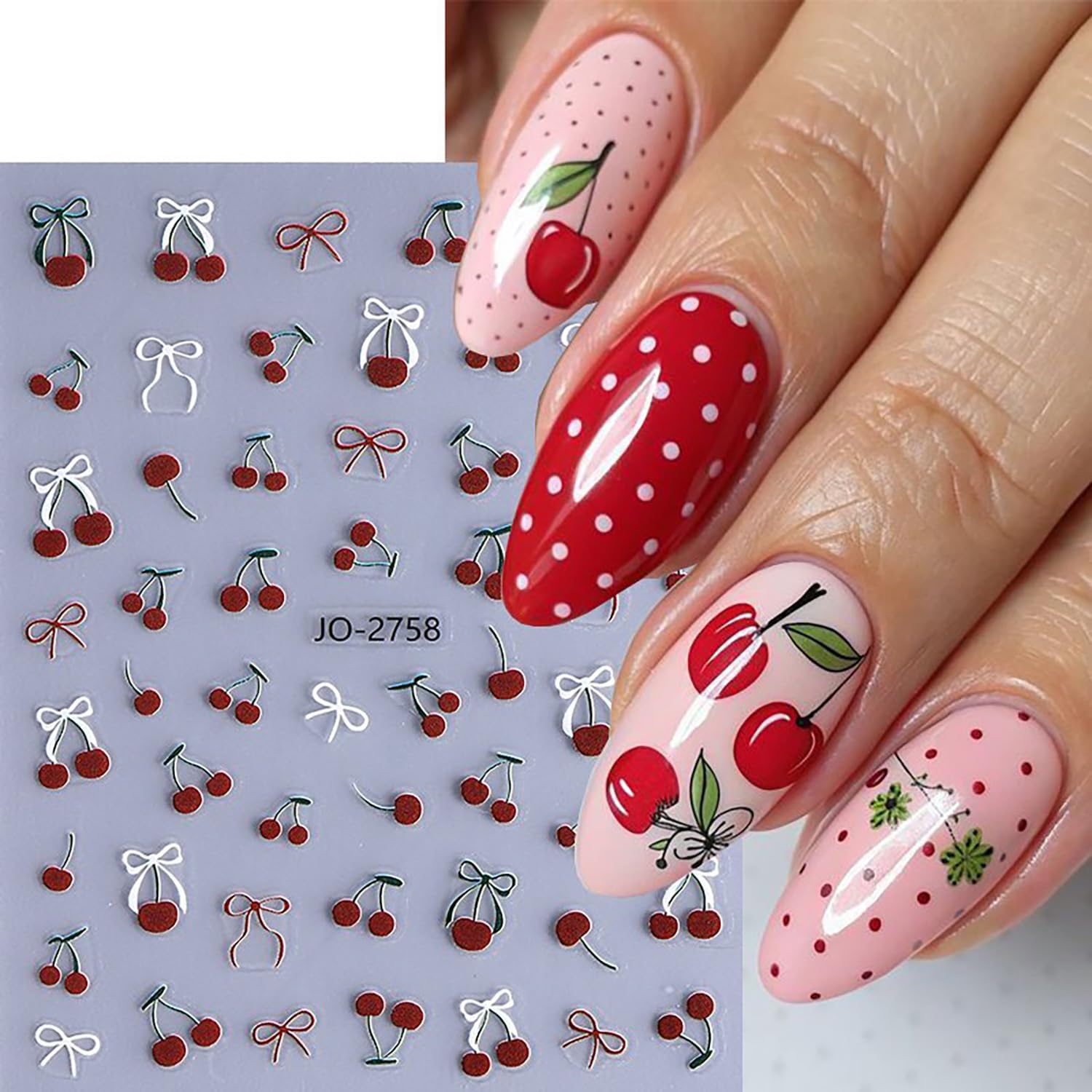 6 Sheets Fruit Nail Art Stickers 3D Self -Adhesive Cherry Strawberry Nail Decals Holographic Lemon Peach Nail Stickers Summer Cute Fruite Nail Decals Decoration for Women DIY Manicure Supplies-Velvo Beauty