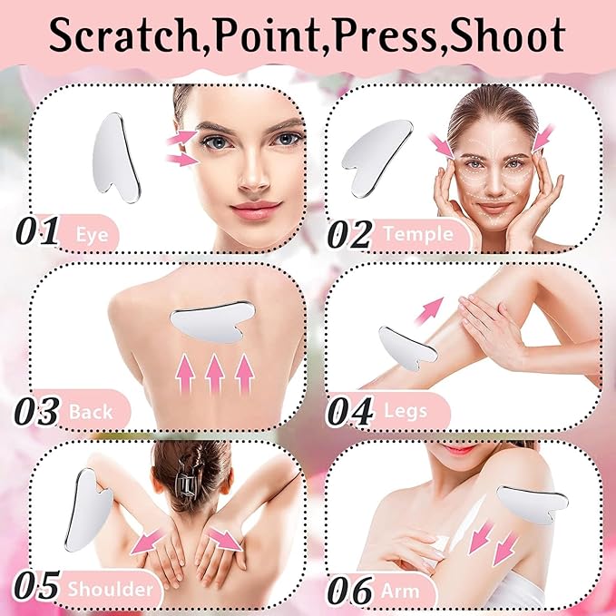 Gua Sha Facial Tools and Face Roller Set, Lymphatic Drainage Massager，Stainless Steel Facial Sculpting Eyes Roller Guasha for Face, Chin & Jawline Sculpting,Skin Care (Stainless Steel)-Velvo Beauty