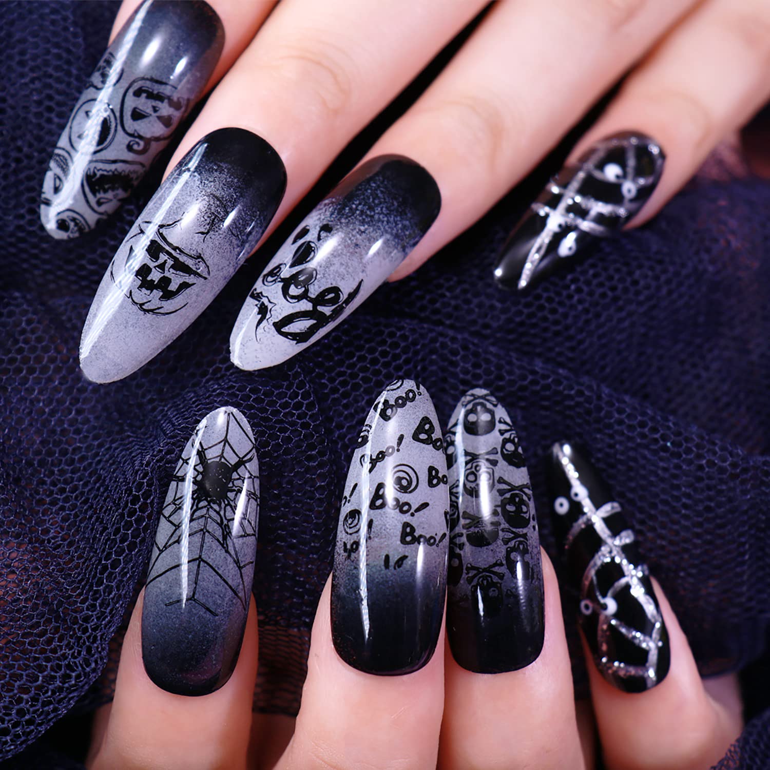 6 Pcs Halloween Nail Stamping Plate Skull Bat Witch Spider Web Halloween Nail Stamper Kit Pumpkin Grimace Blood Design Nail Template Decoration-Velvo Beauty