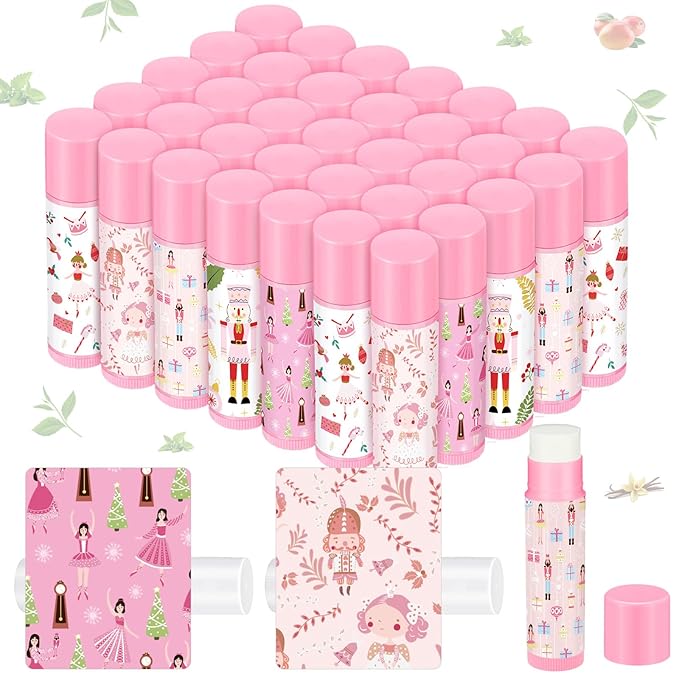 Dunzy 50 Pcs Christmas Lip Balm Gifts Bulk Pink Christmas Nutcracker Themed Lip Balm Xmas Lip Moisturize for Lip Care Xmas Holiday Party Stocking Stuffers, 5 Flavors-Velvo Beauty