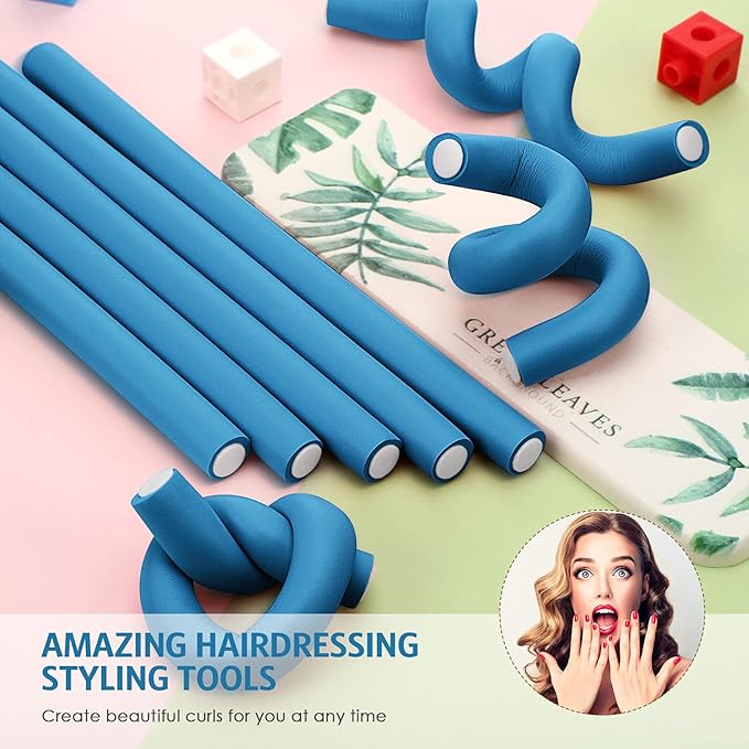 Syhood 30 Pieces Flexible Curling Rods Twist Hair Rollers Soft Foam Rods No Heat and 1 Pcs Steel Rat Tail Comb for Women Long and Short Hair(7 x 0.7 Inch,Blue)-Velvo Beauty