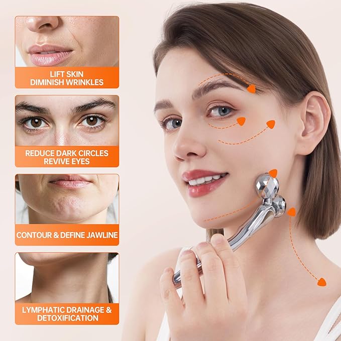 Metal Facial Roller Massager, 3D Cooling Face Massage Tool for Reduce Puffiness, Remove Eye Wrinkles, Face Lifting, Increase Firmness, Anti-Aging, Skin Tightening-Velvo Beauty