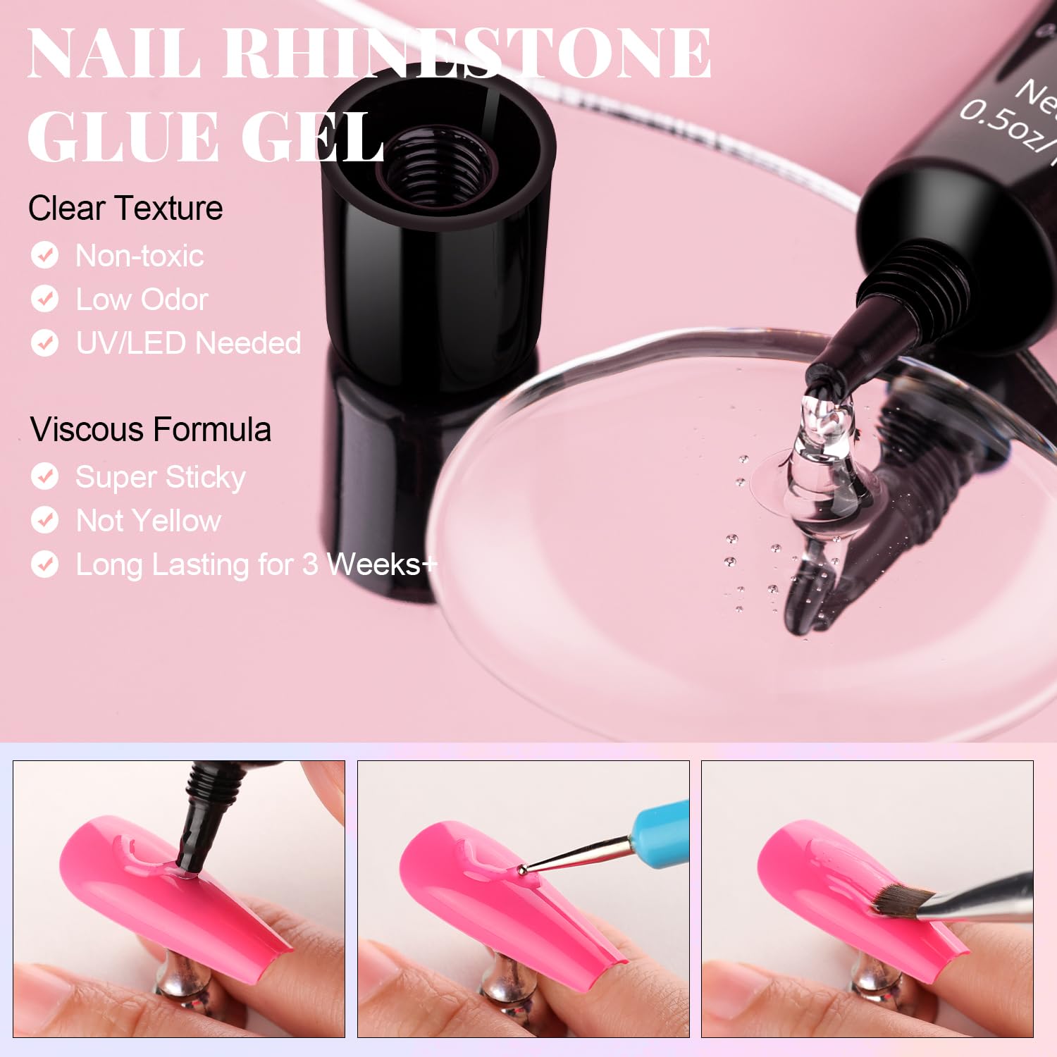 3D Flowers Manicure Gems with Nail Rhinestone Glue Gel, White Pink Acrylic Flower Charms Caviar Beads, Rhinestones for Nails Gem (UV/LED Needed) Dotting Tools-Velvo Beauty