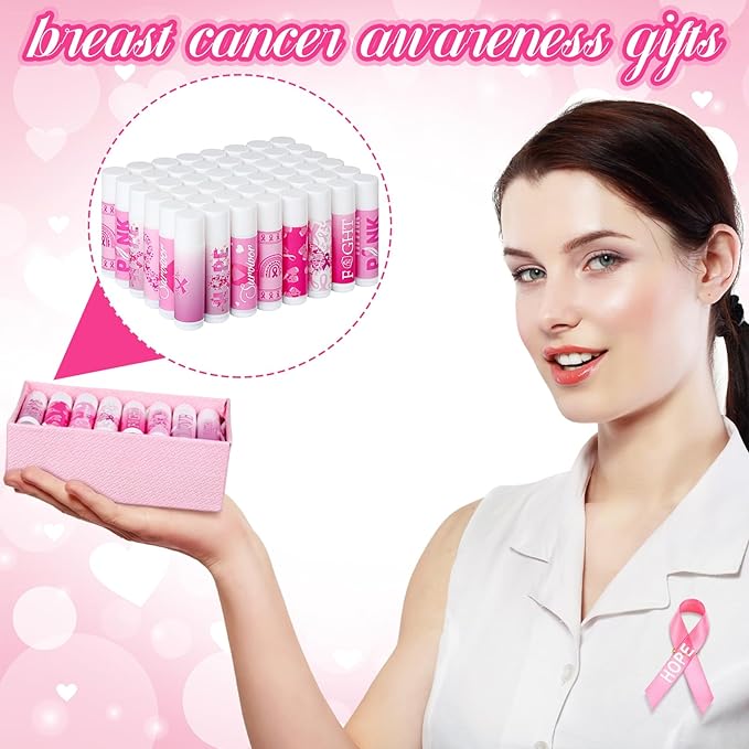 50 Pack Breast Cancer Awareness Favors Bulk Lip Balms Gifts Pink Ribbon Lip Balms Favors Breast Cancer Awareness Month Accessories Support Party Items Decorations for Women Men Survivors-Velvo Beauty