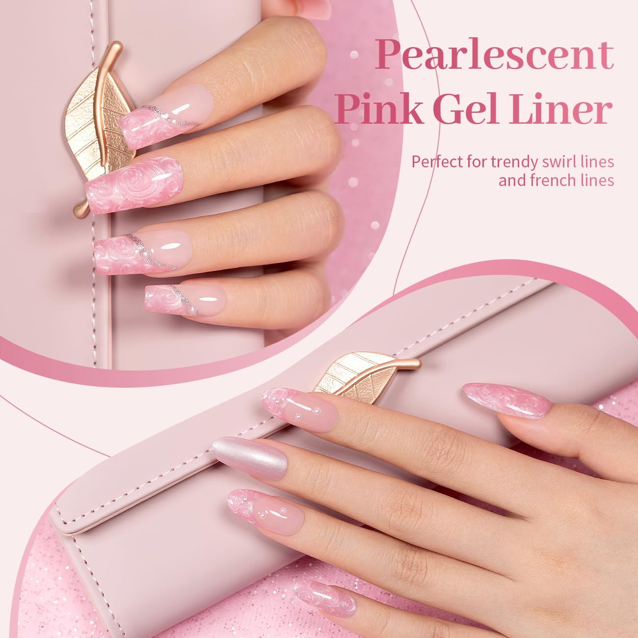 RARJSM Pearl Pink Nail Art Gel Liner Pearlescent Shell Glitter Swirl Effect Gel Nail Polish 8ml Build in Thin Brush Painted Drawing Striper Gelpolish Soak off Curing Requires for Home Salon Design-Velvo Beauty