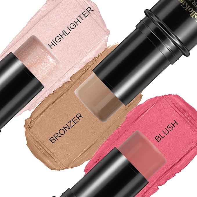 3 Pcs Face Contour Stick Kit, Matte Finish Face Stick Trio with Bronzer Blush Highlighter and Brush, Long Lasting Waterproof Cream Beauty Wand Makeup Set for Sculpt Glowing Face Look (#3, 9, 12)-Velvo Beauty