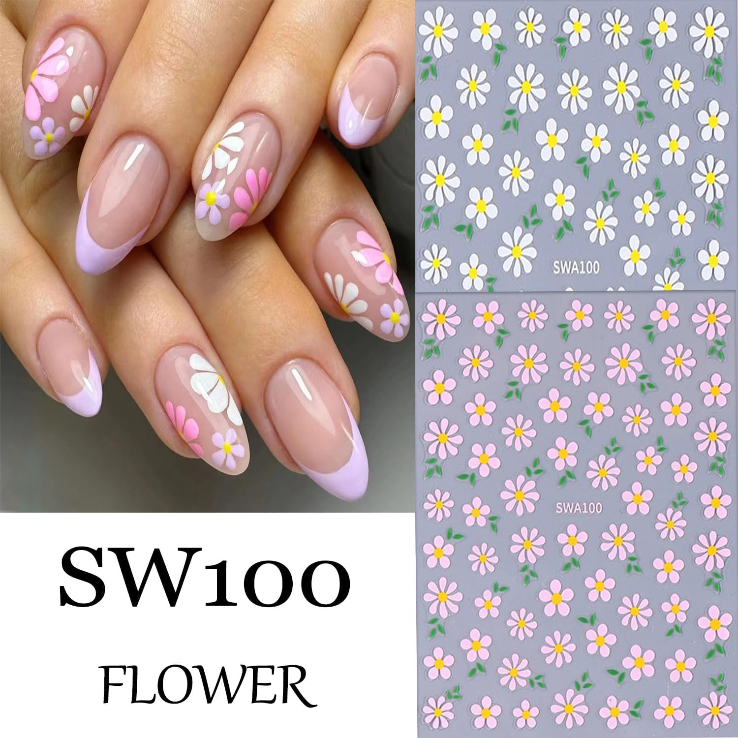6 Sheets Flower Nail Art Stickers Daisy Nail Art Decals 3D Self-Adhesive Spring Nails Sticker Holographic Pink Blue White Blossom Nails Decal Decoration for Women Floral Manicure Supplies-Velvo Beauty