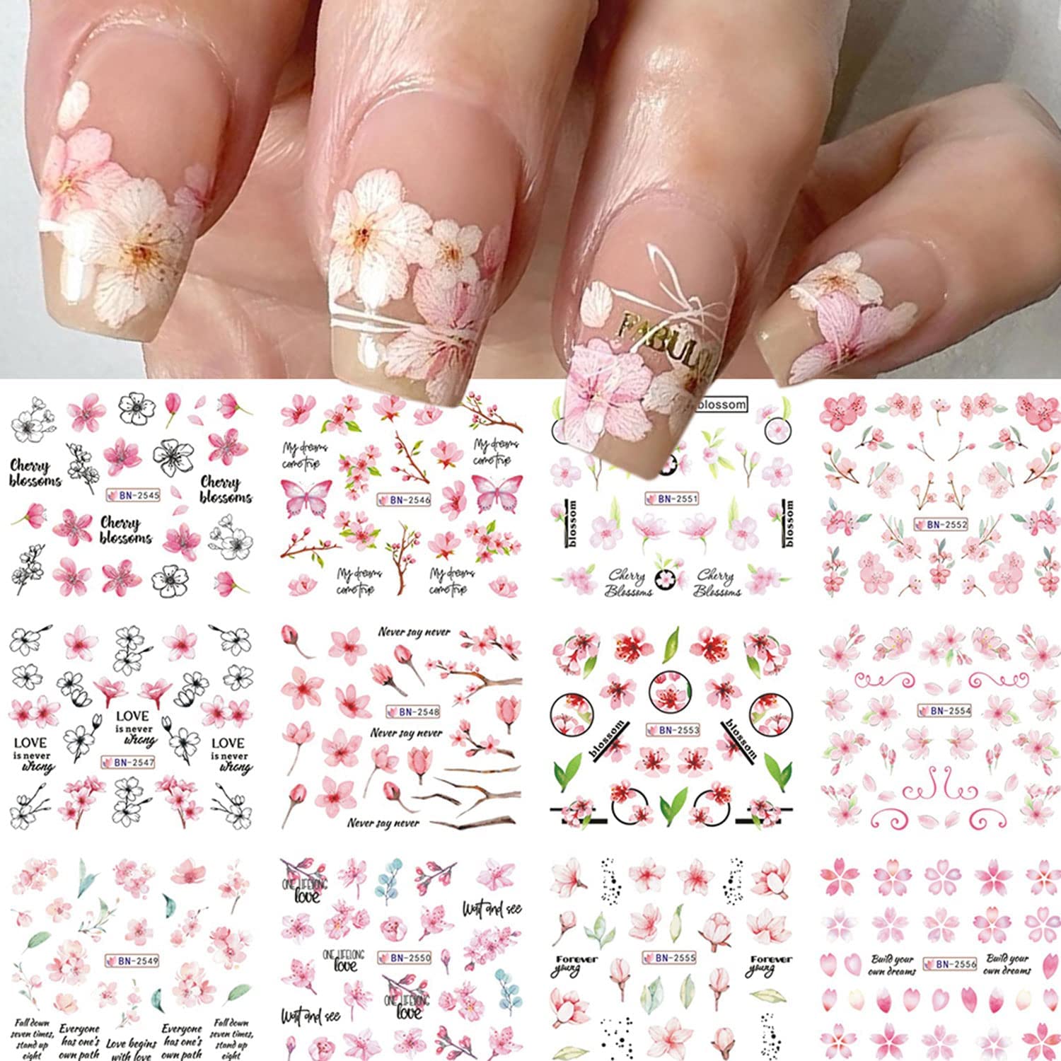 Cherry Blossom Nail Art Stickers - Pink Sakura Water Transfer Foils Decals, Spring Flower Supplies Wrap, Holographic Floral Pattern Acrylic Stickers for Women - 12 Sheets-Velvo Beauty