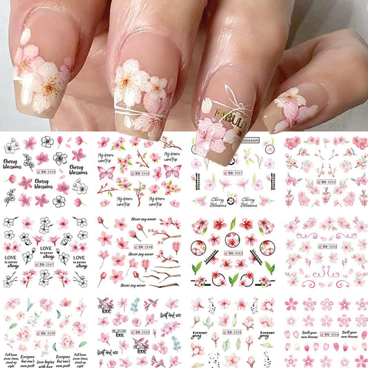 Cherry Blossom Nail Art Stickers - Pink Sakura Water Transfer Foils Decals, Spring Flower Supplies Wrap, Holographic Floral Pattern Acrylic Stickers for Women - 12 Sheets-Velvo Beauty