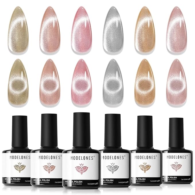 Modelones Cat Eye Gel Nail Polish Set, Holographic Glitter 6 Colors with Magnet, Sparkle Galaxy Series Nude Pink Gel Polish, Soak Off Led Gel Polish Kit, Nail Art, Salon DIY Gifts-Velvo Beauty