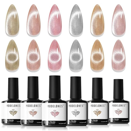 Modelones Cat Eye Gel Nail Polish Set, Holographic Glitter 6 Colors with Magnet, Sparkle Galaxy Series Nude Pink Gel Polish, Soak Off Led Gel Polish Kit, Nail Art, Salon DIY Gifts-Velvo Beauty