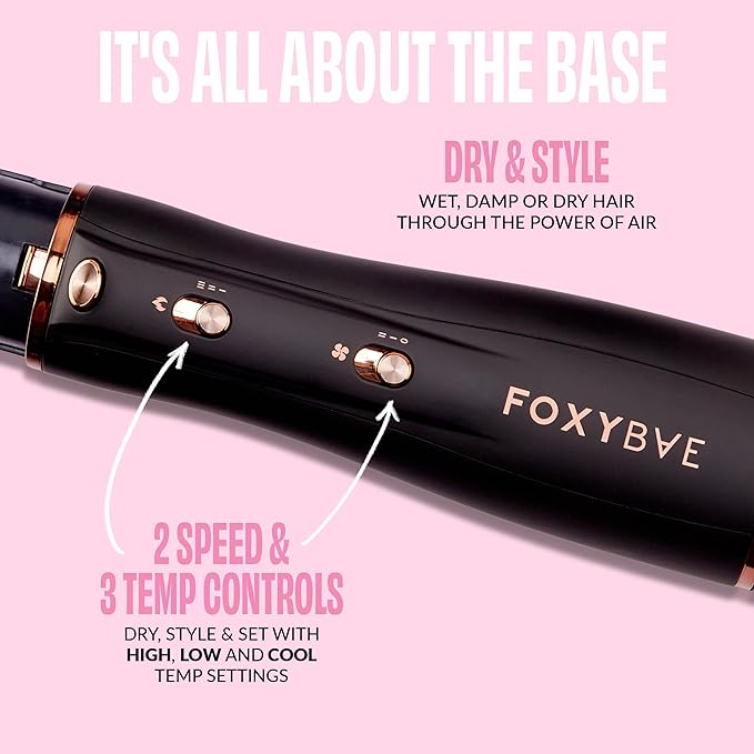 FoxyBae 3-in-1 Ceramic Interchangeable Hair Tools - Blowout Dryer - 3 Detachable Heads: 2.4" Blowout Brush, 1.5" Hot Round Brush & Drying Cylinder Hair Dryer Brush & Hair Styling Set [Black Rose-Gold]-Velvo Beauty
