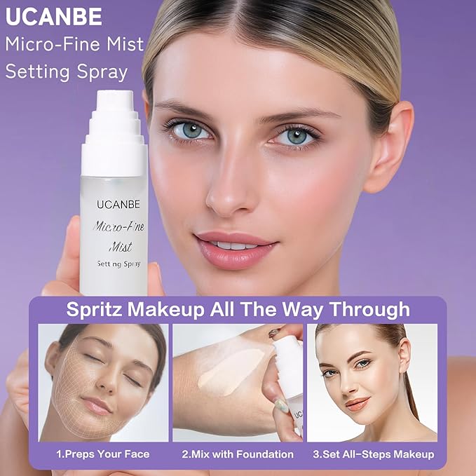 UCANBE Dewy Setting Spray for Makeup, Long Lasting Hydrating Make Up Finishing Spray for Face, Micro-Fine Mist Fixing Spray for Dewy Glow Finish, Lightweight & Waterproof for up to 16 Hours Wear-Velvo Beauty