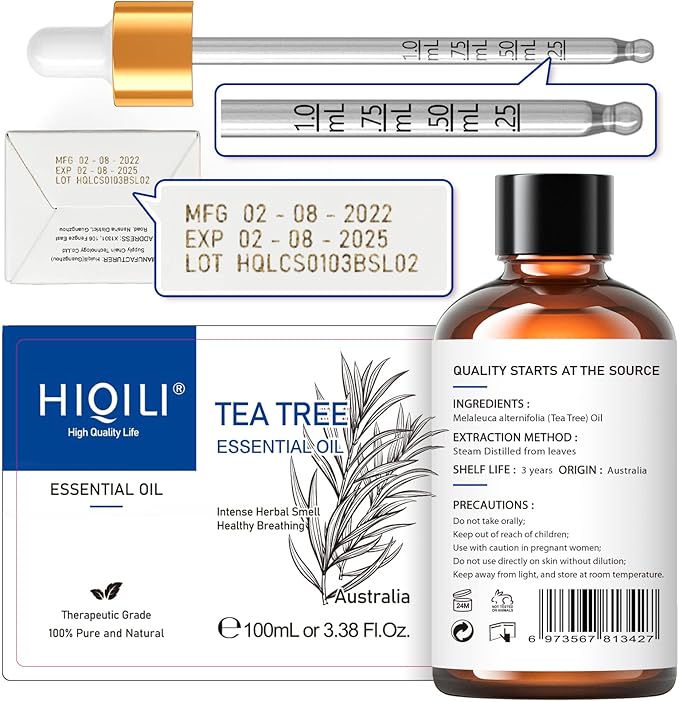 HIQILI Tea Tree Oil for Skin, Hair Restoration, Added to Shampoo, Body Wash, Foot Soak Use - 3.38 Fl Oz-Velvo Beauty