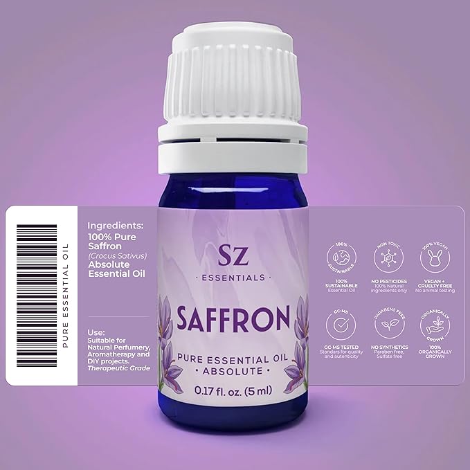 Saffron Essential Oil, 100% Pure, Extracted from Stigmas of The Saffron Flower - Spicy & Floral Scent with Earthy Overtones - Therapeutic Grade & Vegan - 0.17oz (5ml)-Velvo Beauty