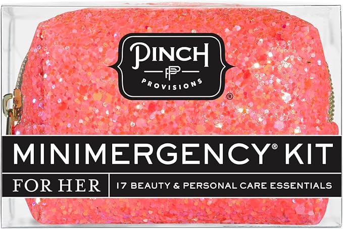 Pinch Provisions Coral Glitter Minimergency Kit, includes 17 Travel-Sized Cosmetic Essentials, Convenient for Purses, Emergency Beauty Accessories, Gifts for Holiday’s & Birthday’s-Velvo Beauty