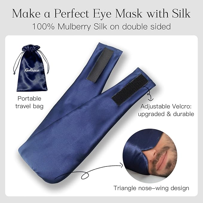 100% Natural Silk Eye Mask for Women Men, Soft Pressureless Cooling Blackout Eye Covers for Sleeping, Large Size Sleep Mask fits All Heads Adjustable, 1PC, Navy Blue-Velvo Beauty