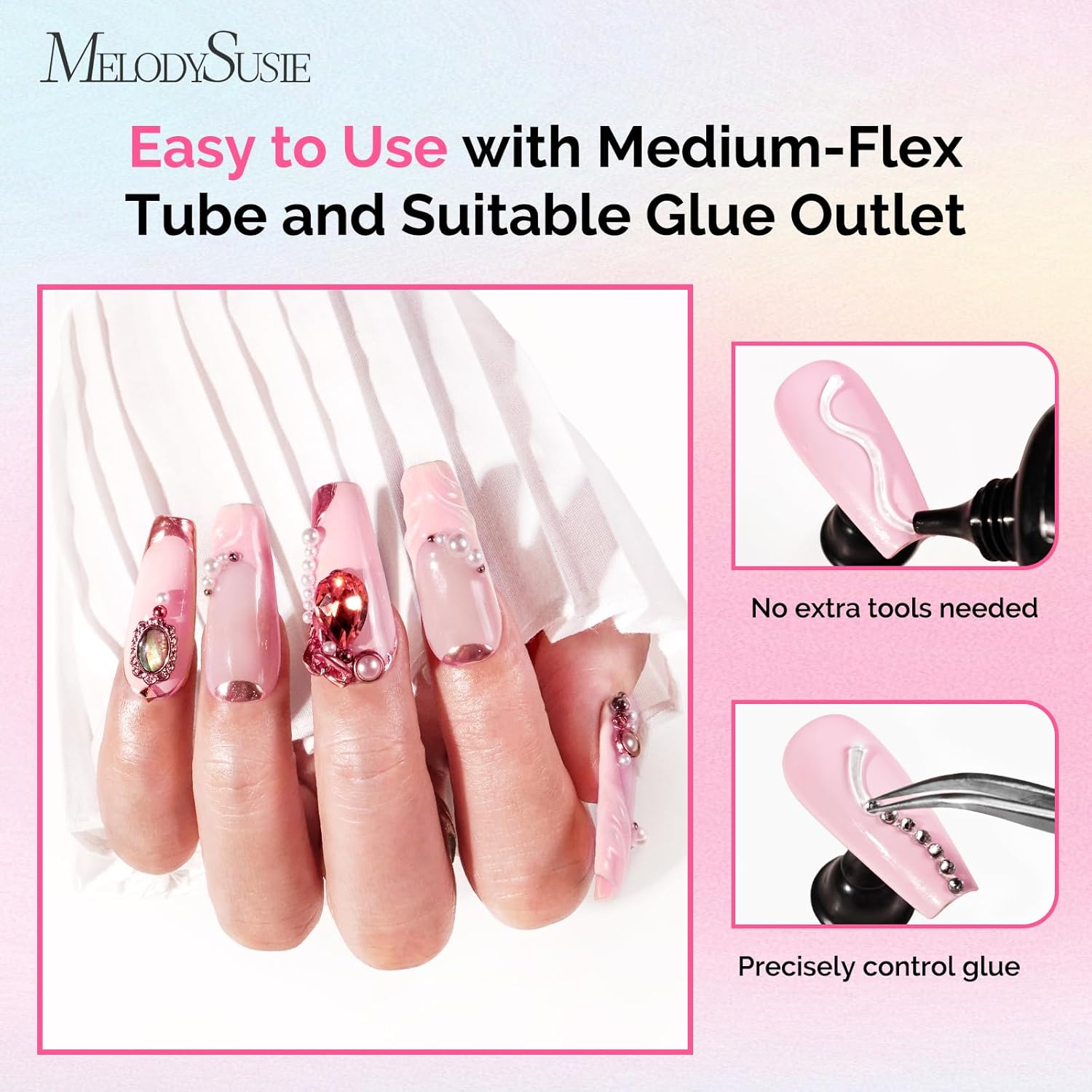 MelodySusie Nail Rhinestone Glue for Nails Super Strong Gel for Nail Charms Gems 3D Nail Gel UV Nail Glue for Nail Art Design Nail Chrome Powder Decals Decor Need UV/LED Cured 60g-Velvo Beauty