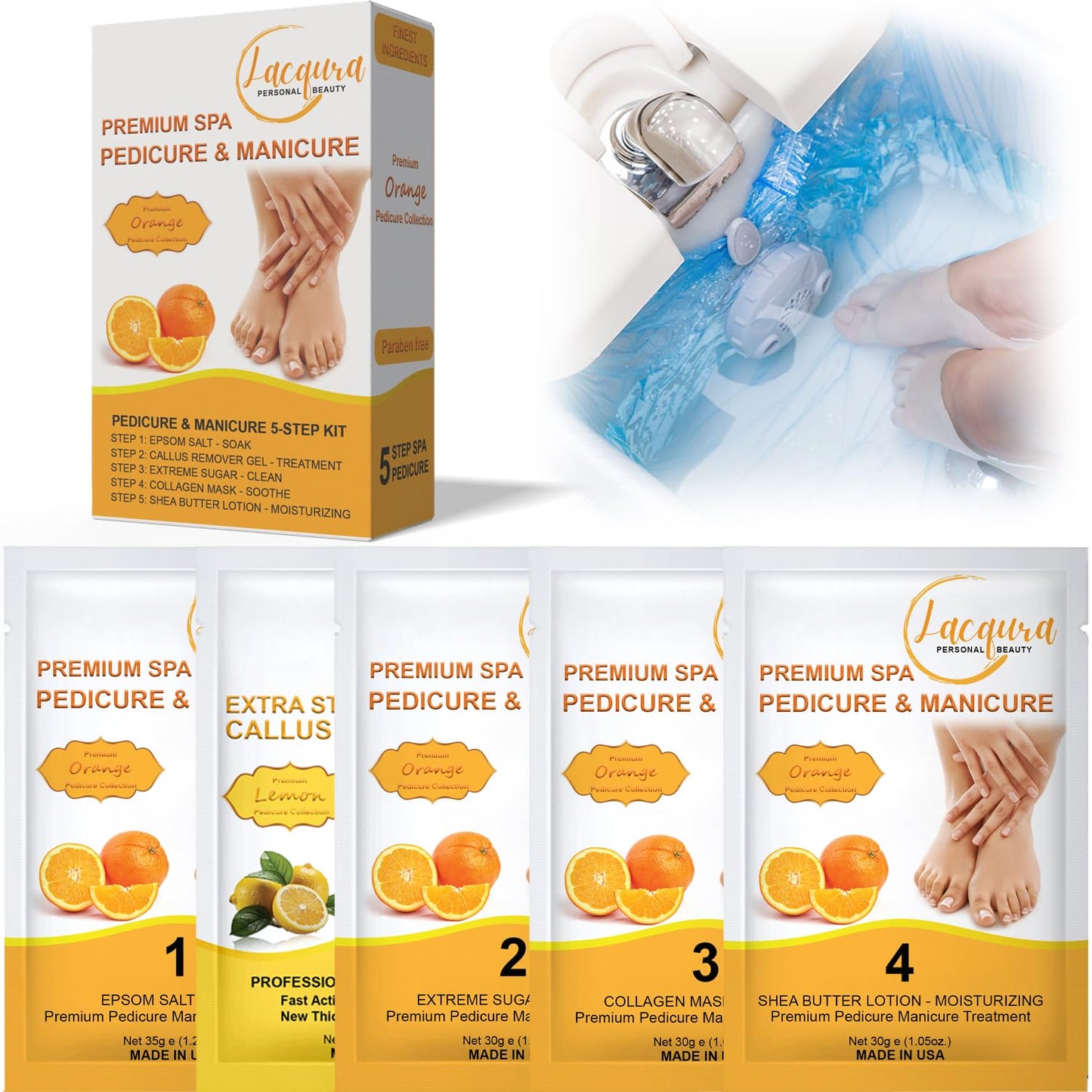 Epsom Salt Soak, Callus Remover Gel, Extreme Sugar Scrub, Collagen Mask & Shea Butter Lotion – Professional Spa Foot Care System 5 Step Luxury Pedicure Kit. Orange 03 Set-Velvo Beauty