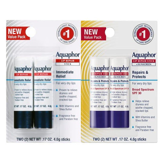 Aquaphor Lip Repair, Moisturizing Lip Balm Set, Soothes Dry Chapped Lips, Lip Repair Stick, 0.17 Oz (Pack of 2) + Lip Repair and Protect Stick, Lip Balm with Sunscreen SPF 30, 0.17 Oz (Pack of 2)-Velvo Beauty