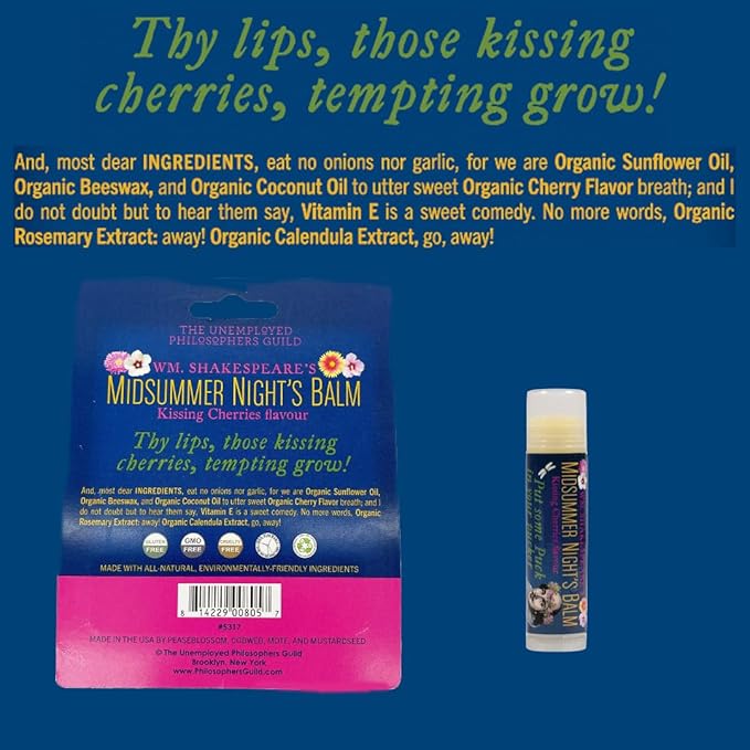 Shakespeare's Midsummer Night's Lip Balm Tube, Cherry Flavored - Cruelty-Free and Made in the USA from Natural and Imported Ingredients-Velvo Beauty