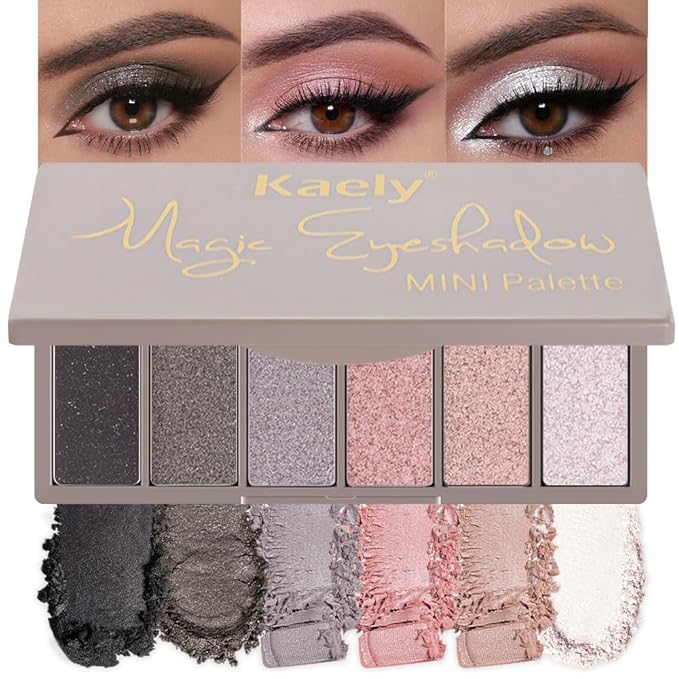 6 Colors Travel Eye Shadow Palette Makeup, Black Dark Smoky Grey Nude Pink Rose Champagne Gold Pearl White Sparkly Shimmer Glitter High Pigment Mini Eyeshadow Palette for Older Women, Built in Mirror-Velvo Beauty