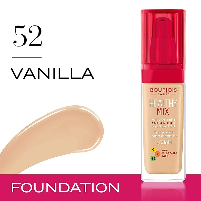 Bourjois Healthy Mix Anti-Fatigue Medium Coverage Liquid Foundation 52 Vanilla, 30ml, 29199601052-Velvo Beauty