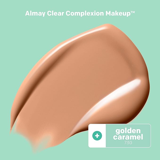 Almay Clear Complexion Acne Foundation Makeup with Salicylic Acid - Lightweight, Medium Coverage, Hypoallergenic, Fragrance-Free, for Sensitive Skin, 730 Golden Caramel, 1 fl oz.-Velvo Beauty