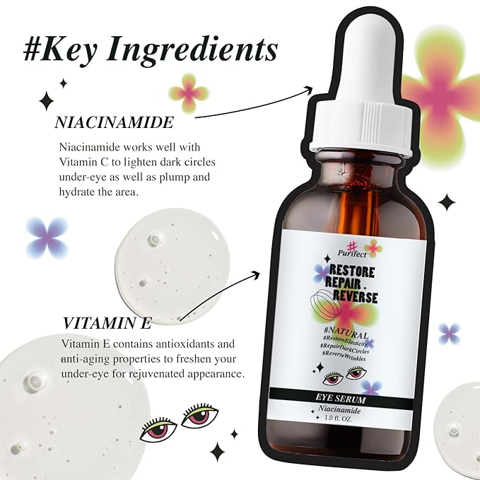 Made in USA Natural Peptide Retinol Niacinamide Eye Serum Anti Aging Brightening Firming Under Eye Care Non-greasy Formula - 1oz/30ml (#Purifect RestoreRepairReverse Niacinamide Eye Serum)-Velvo Beauty