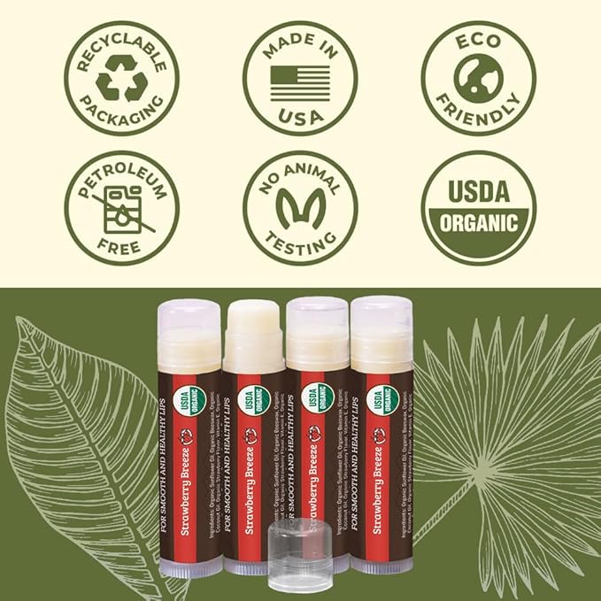 USDA Organic Lip Balm 4-Pack by Earth's Daughter - Strawberry Flavor, Beeswax, Coconut Oil, Vitamin E - Best Lip Repair Chapstick for Dry Cracked Lips.-Velvo Beauty