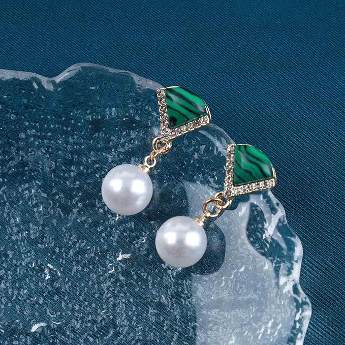 Vintage Cz Emerald Pearl Earrings Gold Pearl Drop Earrings Triangle Emerald Earrings Geometric Emerald Stud Earrings Jewelry for Women and Girls-Velvo Beauty