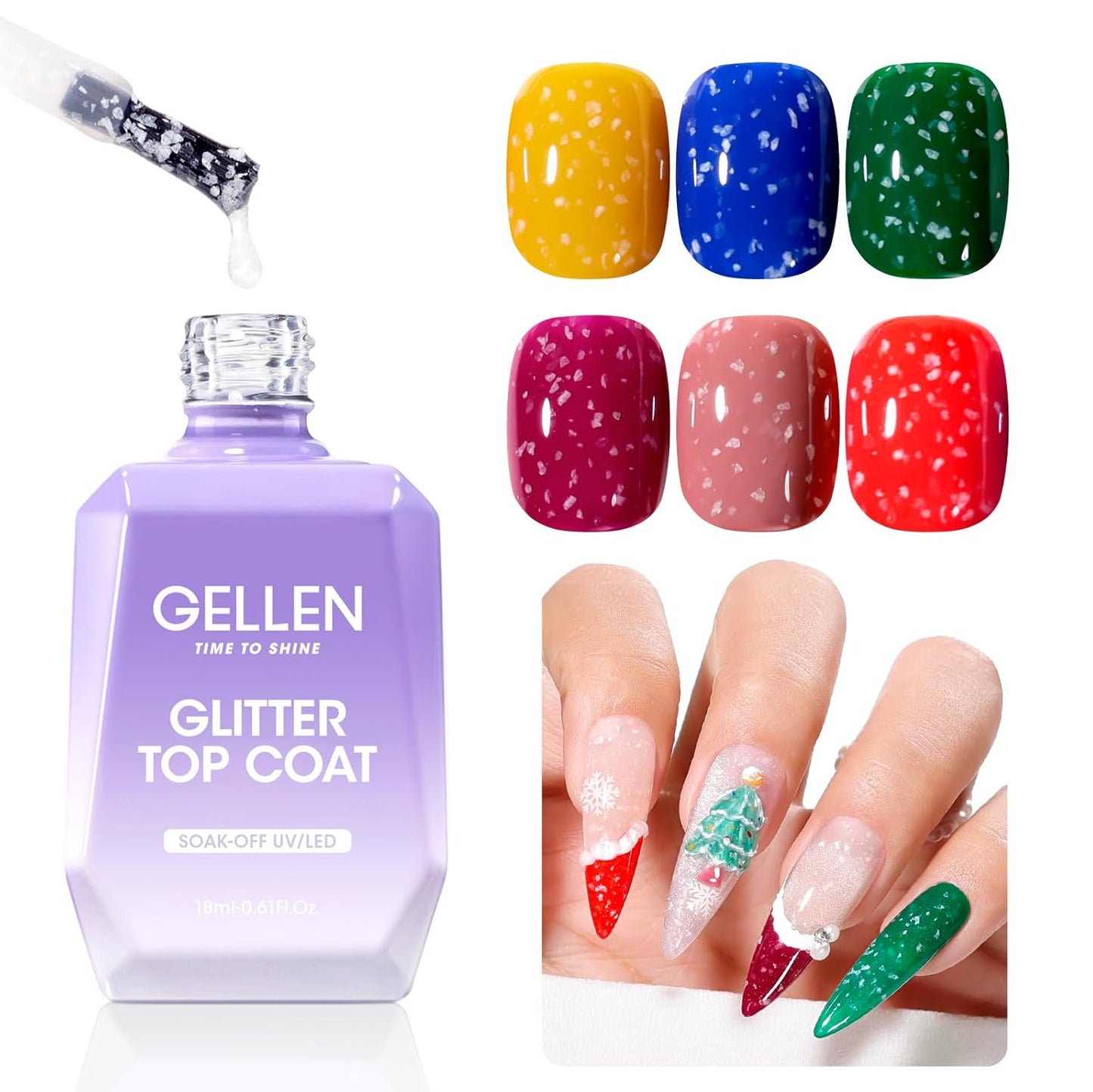 GELLEN Glitter Gel Top Coat, Snowflake Top Coat Nail Polish, Soak off Clear Glossy No Wipe Gel with Shimmer Finish, UV/LED Lamp Needed, Manicure Nail Art Gift for Halloween/Christmas/New Year-Velvo Beauty