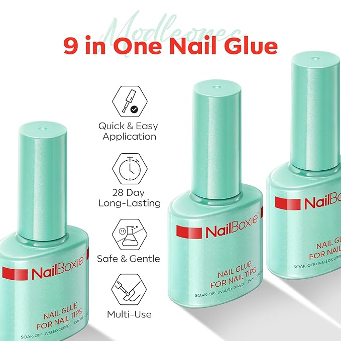 modelones Nail Glue for Nail Tips, 9 in One Glue for Press Ons, Clear Tips, Need U V Light Cured, 15ML-Velvo Beauty
