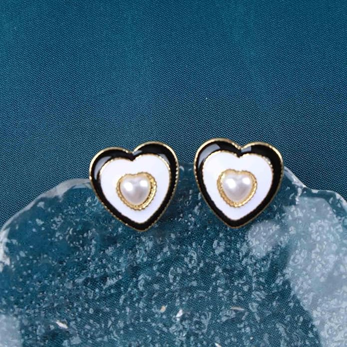 Vintage Pearl Heart Stud Earrings Enamel Heart Earrings Heart Love Earrings White Minimal Earrings Jewelry for Women-Velvo Beauty