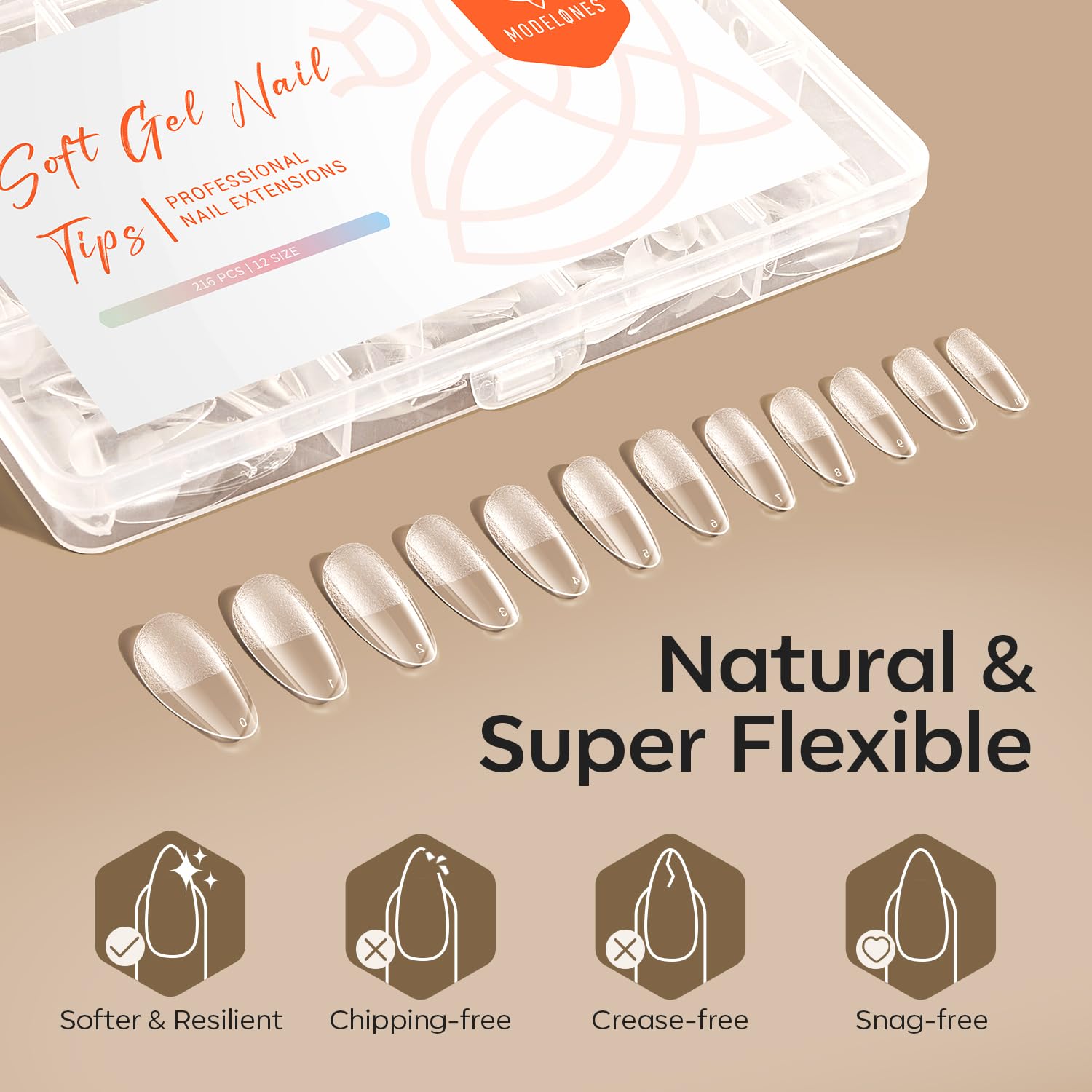 modelones Medium Almond Nail Tips, Pre-shaped Soft Gel Tips Fake Nails False Acrylic Clear Full Cover Press on Extension Kit Gel Manicure DIY at Home 216PCS 12Sizes-Velvo Beauty