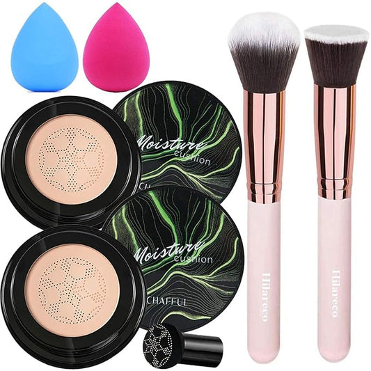 2 PCS Mushroom Head Air Cushion CC Cream Nature Foundation,Foundation Brush Powder Brush,Moisturizing Concealer, Bright Makeup Base Long Lasting with Mushroom Makeup Sponge(#03 Warm Nude)-Velvo Beauty