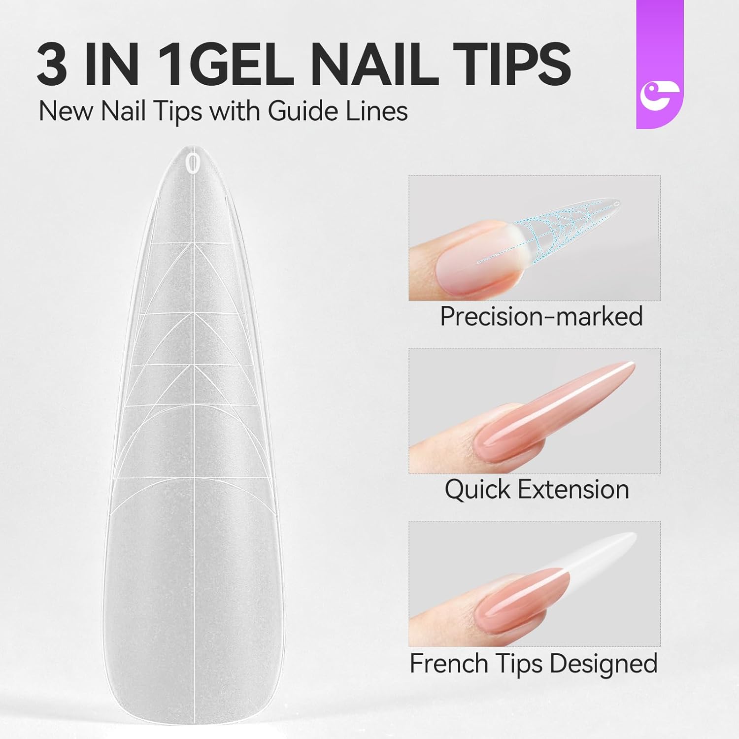 XXL Almond Gel Nail tips: 3 in 1 Gelike ec French Full Matte Guiding Line Nail Tips, Extra Long Gel Nails with Auxiliary Positioning Line, Nail Extension Tips for Beginners 84 Pcs 10 Sizes-Velvo Beauty