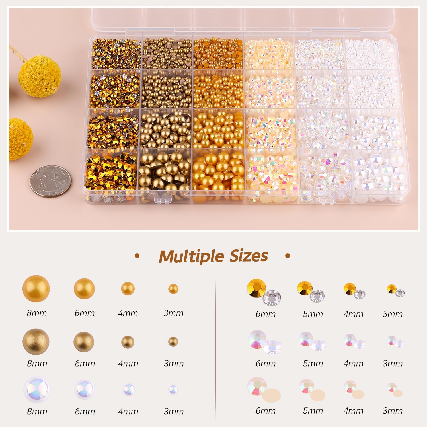 9000PCS Flatback Pearls and Rhinestones for Crafting, White Brown 3-10mm Resin Rhinestones and Half Pearls for Bedazzling, Nail Art and Dec with 3pcs B7000 Jewelry Glue, Tweezer and Pickup Pencil-Velvo Beauty