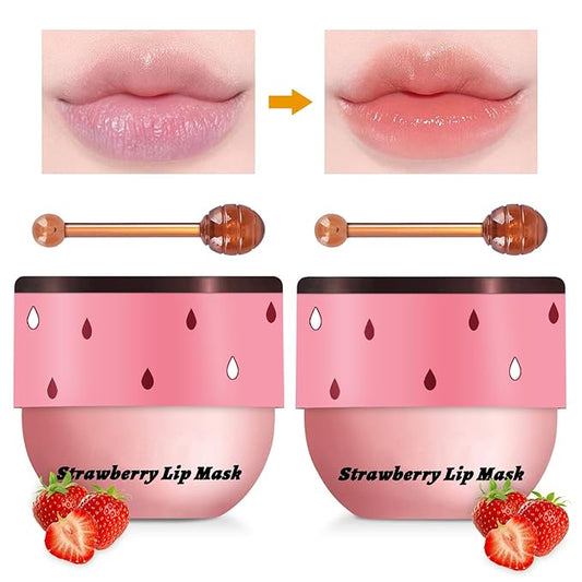 2PCS Lip Mask Overnight, Honey&Strawberry Moisturizing Repair Sleeping Lip Balm, Fade Lip Lines Bee Lip Balm, Hydrating &Prevention Dry and Crack Lip Scrubs Exfoliator (Strawberry & Strawberry)-Velvo Beauty
