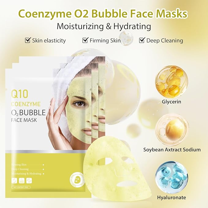10 Sheets Coenzyme Q10 O2 Bubble Masks for Face, Bubble Face Mask Skincare for All Skin Types, Deep Cleansing Moisturizing Facial Mask Skin Care for Pores, Firming, Purifying, Sheet Masks for Spa-Velvo Beauty