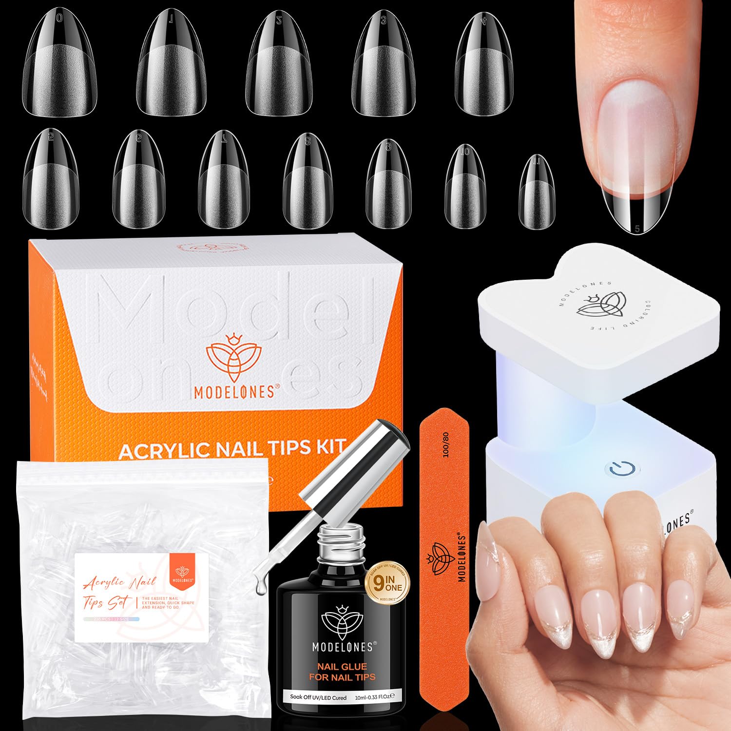 modelones Short Almond Gel Nail Tips Kit, 9-in-One Nail Glue with Portable U V Lamp 216Pcs 12Sizes Pre-Etched Press ons Fake Acrylic Extension Kit DIY Salon Gift for Women-Velvo Beauty
