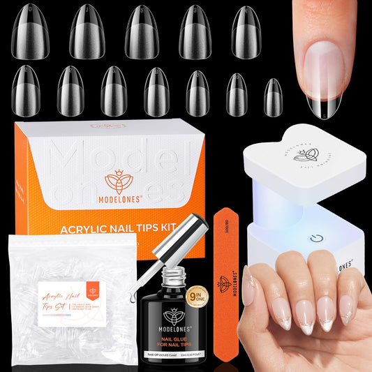 modelones Short Almond Gel Nail Tips Kit, 9-in-One Nail Glue with Portable U V Lamp 216Pcs 12Sizes Pre-Etched Press ons Fake Acrylic Extension Kit DIY Salon Gift for Women-Velvo Beauty