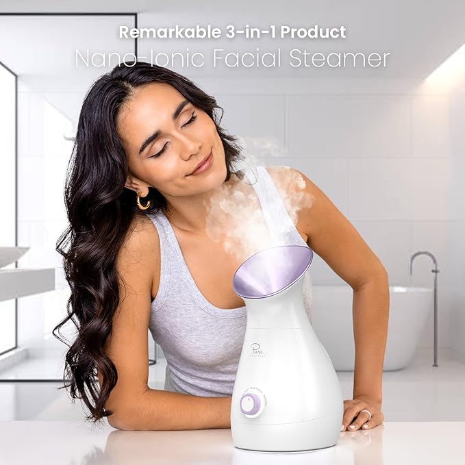 NanoSteamer Large 3-in-1 Nano Ionic Facial Steamer with Precise Temp Control - Humidifier - Unclogs Pores - Blackheads - Spa Quality - Bonus 5 Piece Stainless Steel Skin Kit (Lilac)-Velvo Beauty