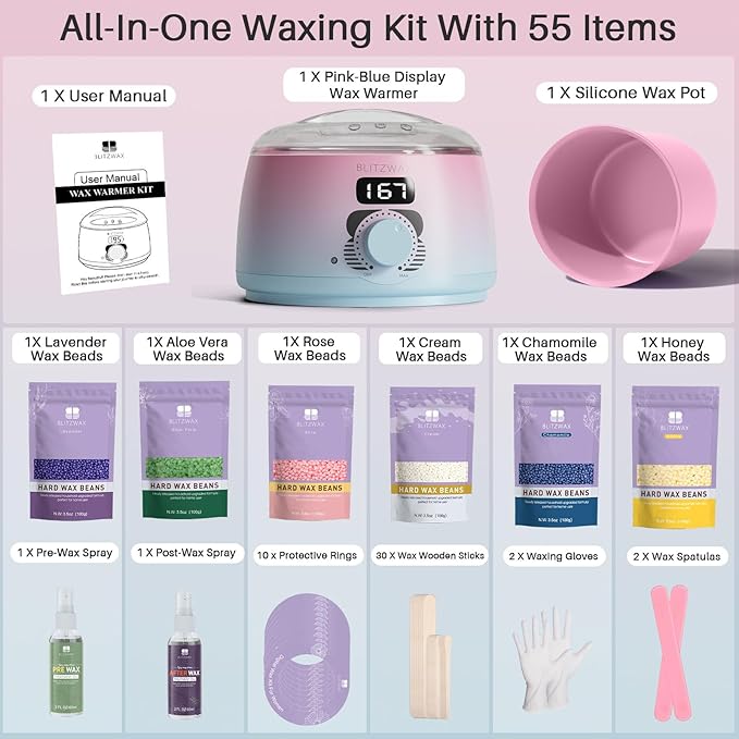 BLITZWAX Brazilian and Bikini Waxing Kit for Women, Hard Wax Warmer for Face, Legs and Body, At Home Hair Removal Kit, Beginner Friendly, Quick Heating, Pink and Blue Gradient Color-Velvo Beauty
